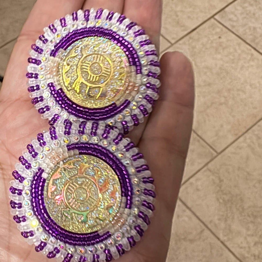 Native American Inspired Seed Bead Medallion Earrings Turtle Zia Sun Purple
